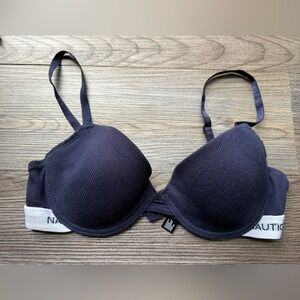 Nautica Intimates Navy Blue Ribbed Logo Underwire T-Shirt Bra size 36C 4026-16‎